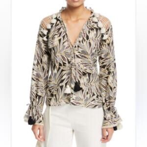 Alexis Seila Split-Neck Long-Sleeve Palm-Print Top size Medium